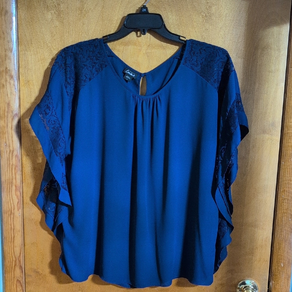 SOLD Cato Women's Blue Top with Lace Detail
